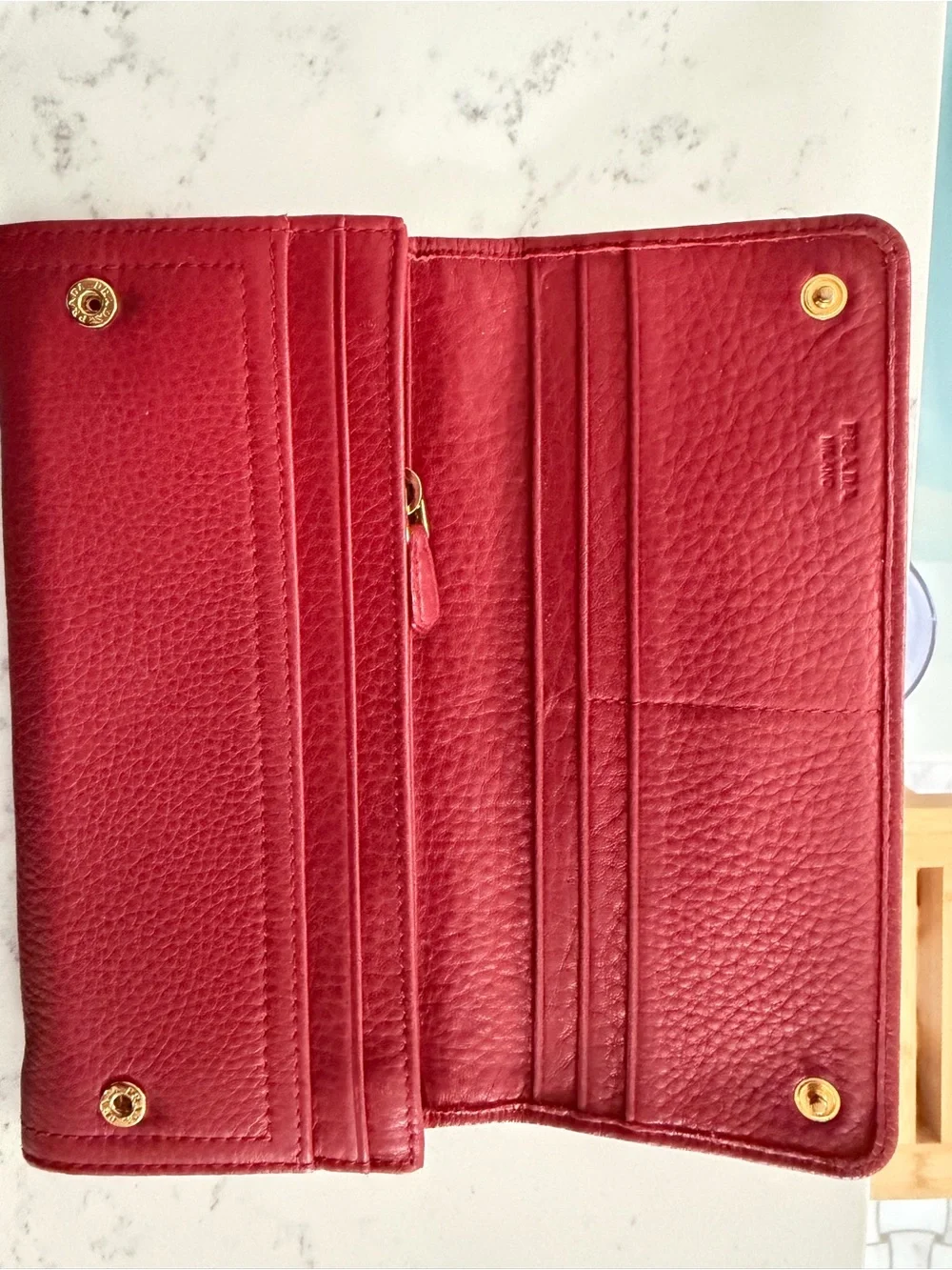 Prada Red Pebbled Leather Long Wallet with Gold Logo